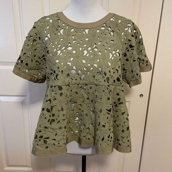 Lace Eyelet Peplum Top Olive Green Size Small - Picture 11 of 11